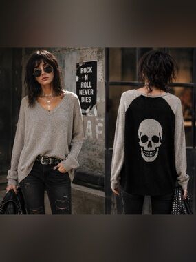 Skull Cashmere Madison 100% Cashmere Skull Back High Low V-Neck Sweater S